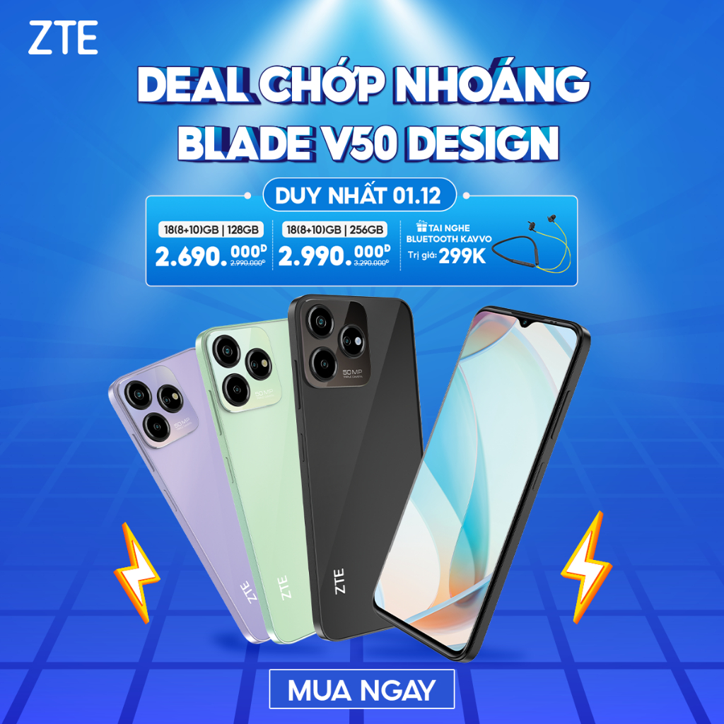 Điện Thoại ZTE Blade V50 Design | 16GB(8GB+8GB)/128GB | 6.6'' Full HD+ | Octa Core 1.6GHZ | 5000mAh 22.5W  | Chính Hãng