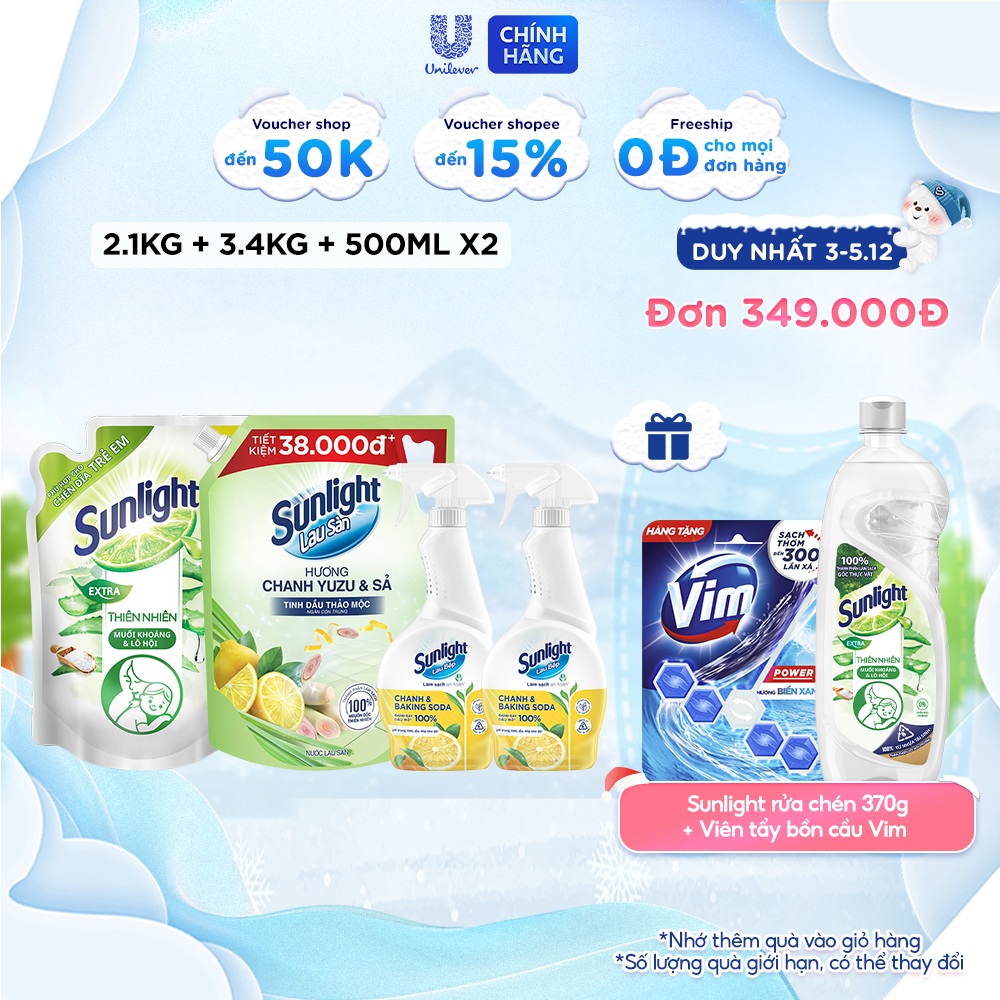 Combo 4 Trọn bộ Sunlight dọn Tết: Nước rửa chén Thiên Nhiên 2.1kg + Nước lau sàn Chanh Sả 3.4kg + 2 Nước lau bếp 500ml