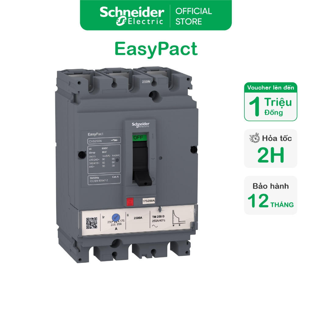 Cầu dao chỉnh dòng MCCB 3P 250A 50kA ở 415VAC bộ ngắt nhiệt từ TM-D dòng EasyPact CVS250N Schneider 