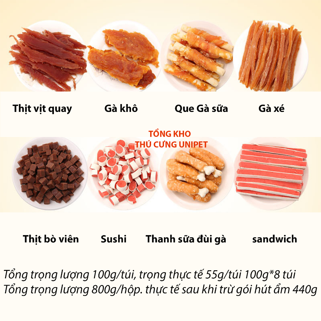 Ăn vặt cho chó hộp 8 món, bánh thưởng cho chó 800gr nguiyeen liệu tươi mới, hương vị tươi ngon, giàu dinh dưỡng