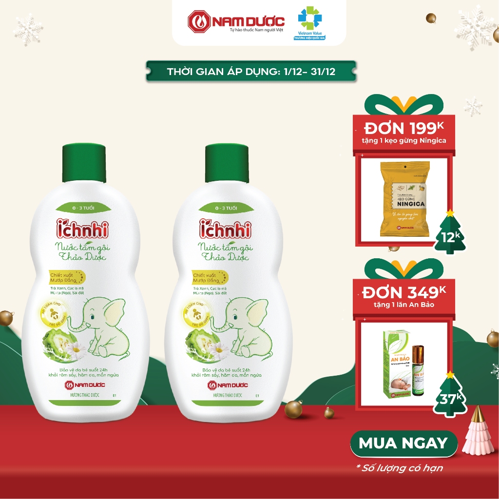 Combo 2 chai Nước tắm gội thảo dược Ích Nhi (0-3 tuổi) bảo vệ bé suốt 24h ngừa rôm sảy, hăm da, mẩn ngứa, 230ml/ 1 chai
