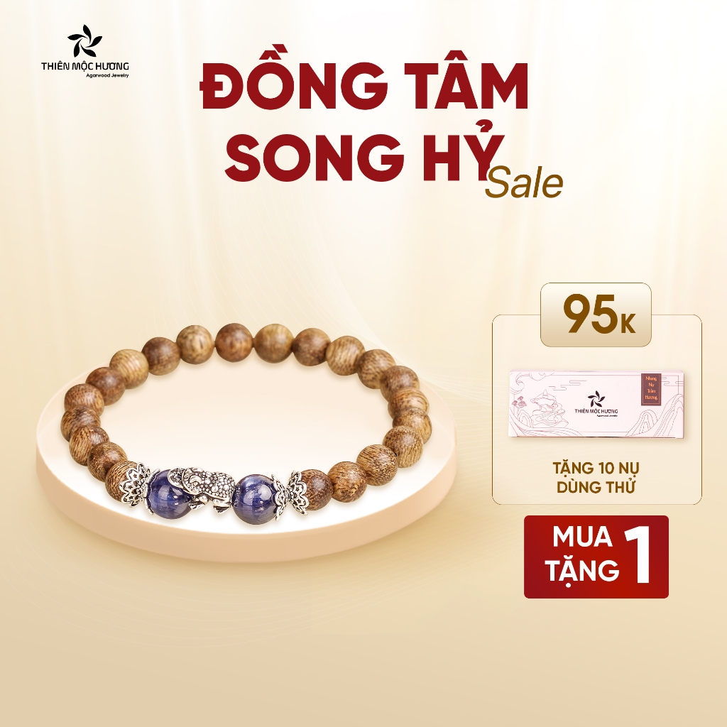 Vòng tay trầm hương chuỗi hạt đồng tâm song hỷ THIÊN MỘC HƯƠNG đeo may mắn, quà tặng ý nghĩa