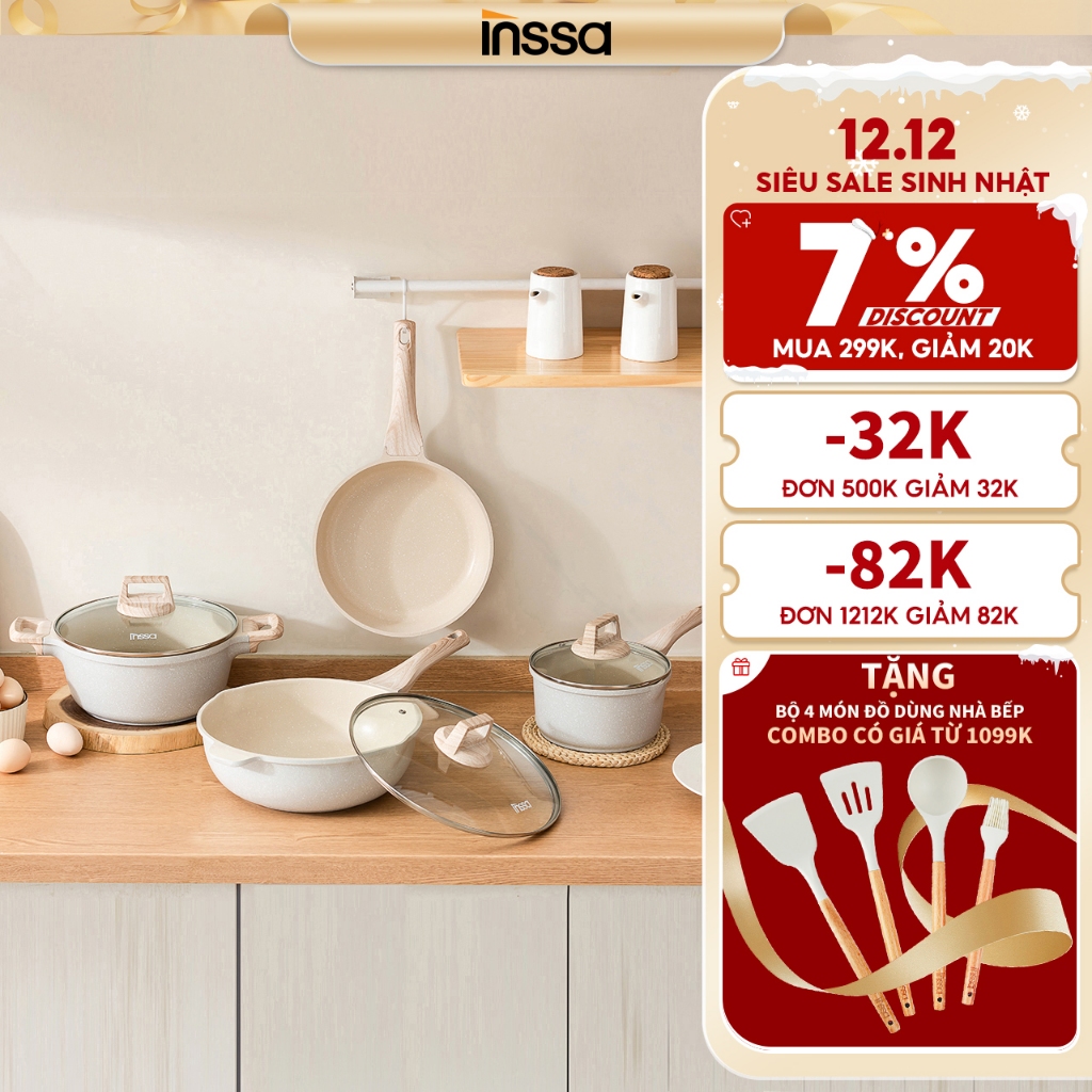 INSSA  Bộ nồi chảo đá chống dính màu cream cao cấp chính hãng, dùng cho bếp từ