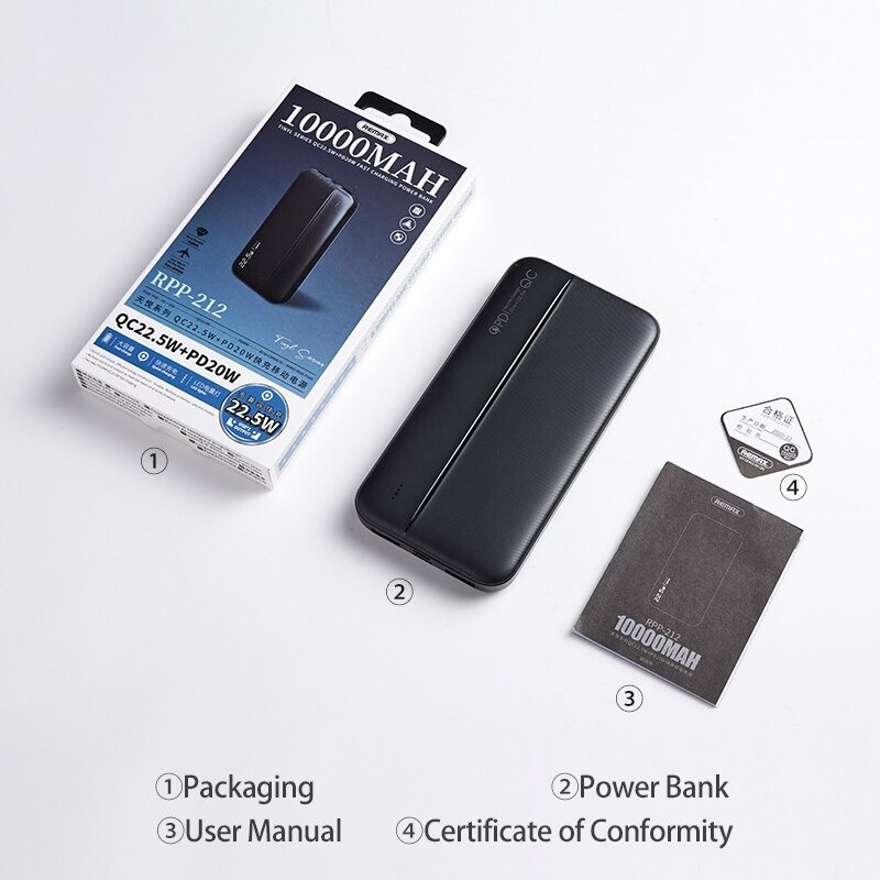 Pin dự phòng sạc nhanh Remax RPP-212 10000mAh siêu mỏng - sạc nhanh QC 3.0 22.5W và TypeC PD 20W