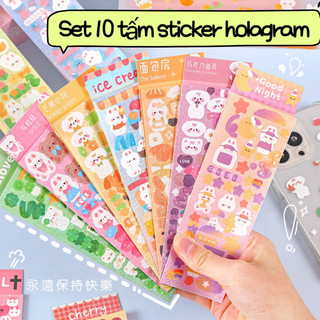 Set 10 Sticker Tấm Lấp Lánh Holagram Hình Capybara Panda Gấu Thỏ Dễ Thương Phong Cách Hàn Quốc