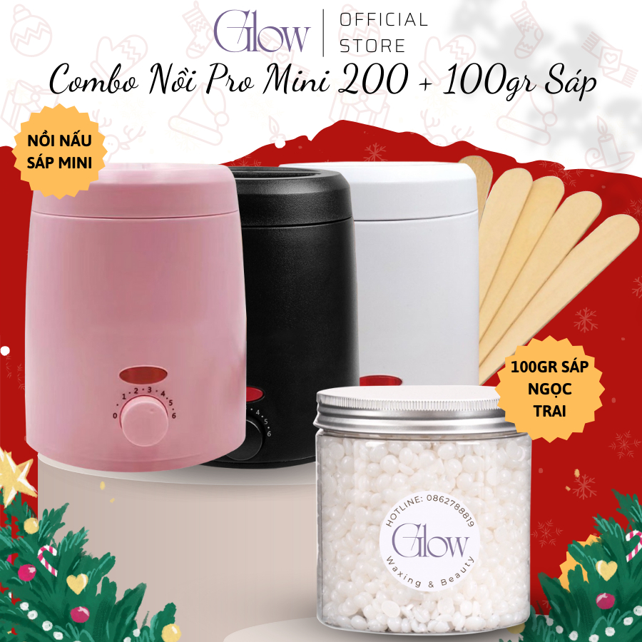 Combo 100gr Sáp Wax Lông Nóng + Nồi Nấu Sáp Wax Lông Wax Pro 200 Chống Dính Mini GLOW WAXING Tặng Que-1013 CHE TÊN SP