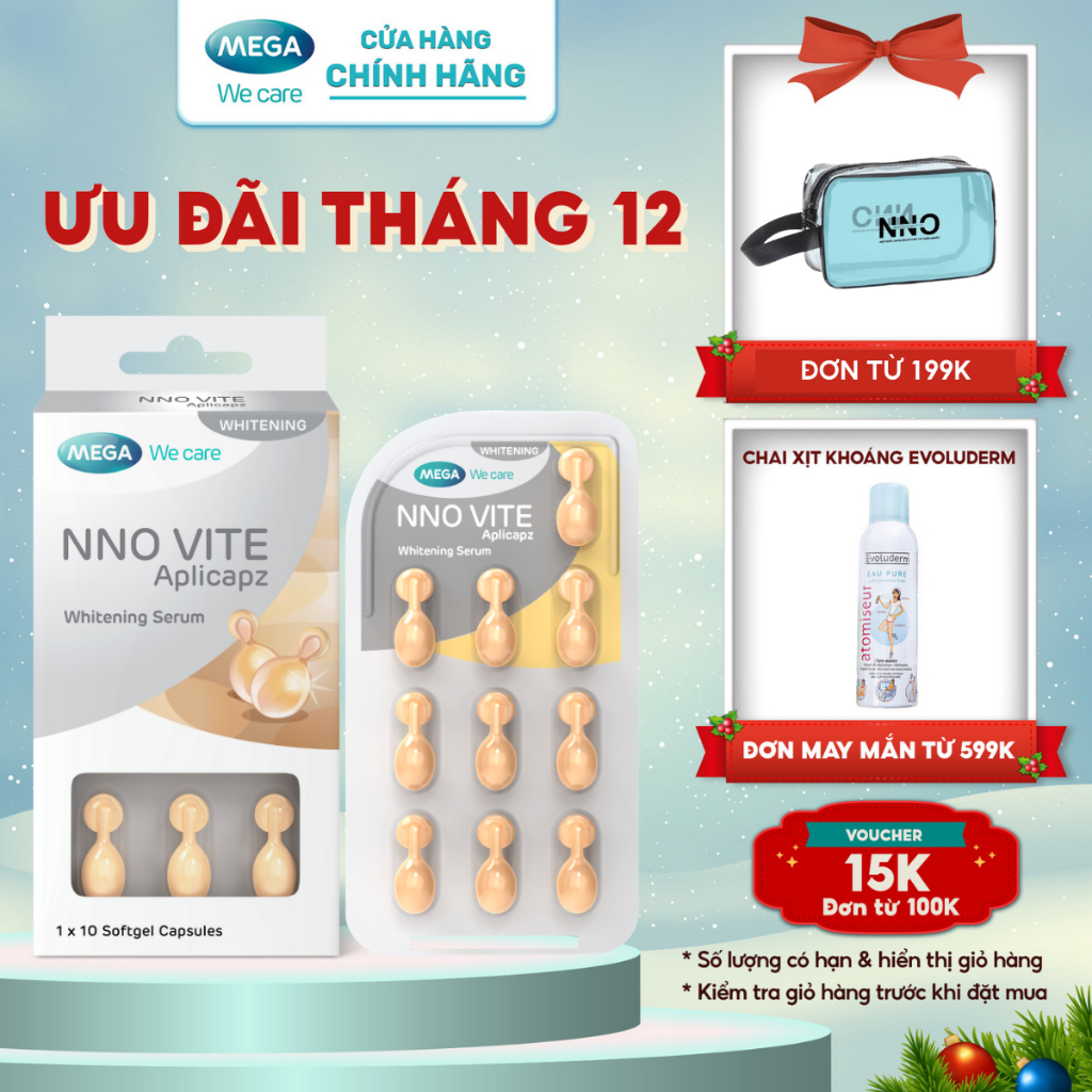 Serum dưỡng trắng da, mờ đốm nâu, đều màu da - Vitamin C, Vitamin E, Bisabolol - NNO VITE Mega We Care (10 viên)
