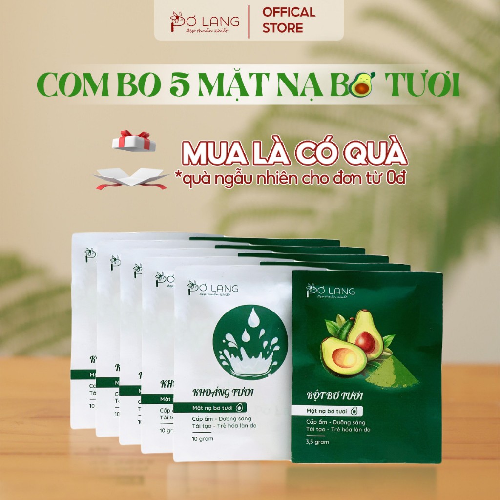 Combo 5 Mặt nạ bơ tươi Pơ Lang, chiết suất từ bơ tươi, mặt nạ dưỡng trắng, cấp ẩm, mờ thâm