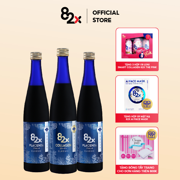Nước uống Collagen 82X - Combo bộ ba chăm da chuyên sâu gồm: 1 Collagen Classic và 2 Placenta Classic.