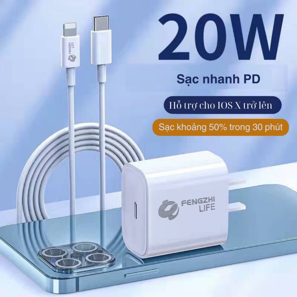 Củ sạc nhanh PD 20W chính hãng gồm củ và dây sạc dành cho dòng điện thoại từ ip 8 X Xs 11 12 13 14