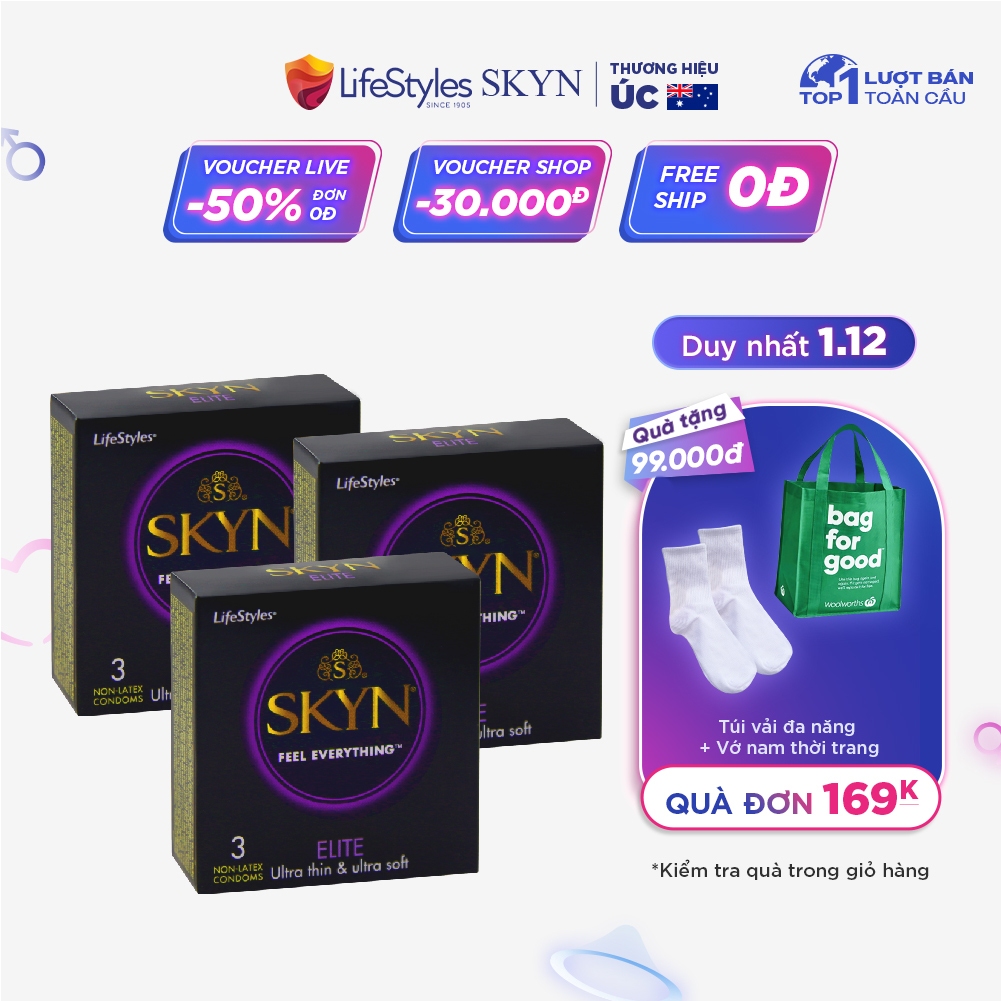 Bộ 3 Bao cao su LifeStyles SKYN Elite Non-latex siêu mỏng siêu mềm không mùi cao su 3 bao