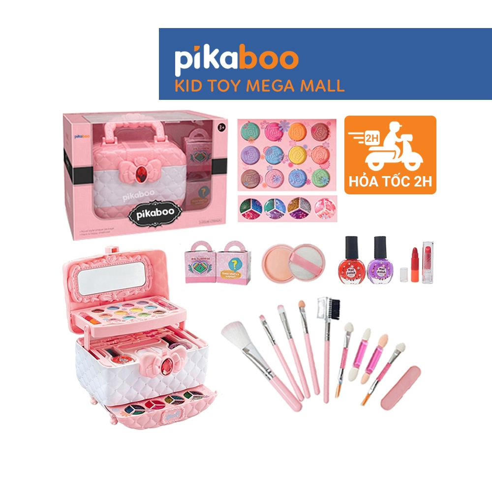 Bộ trang điểm cho bé gái Pikaboo, đồ chơi trang điểm thật cho bé gái màu hồng cao cấp, an toàn, dễ làm sạch