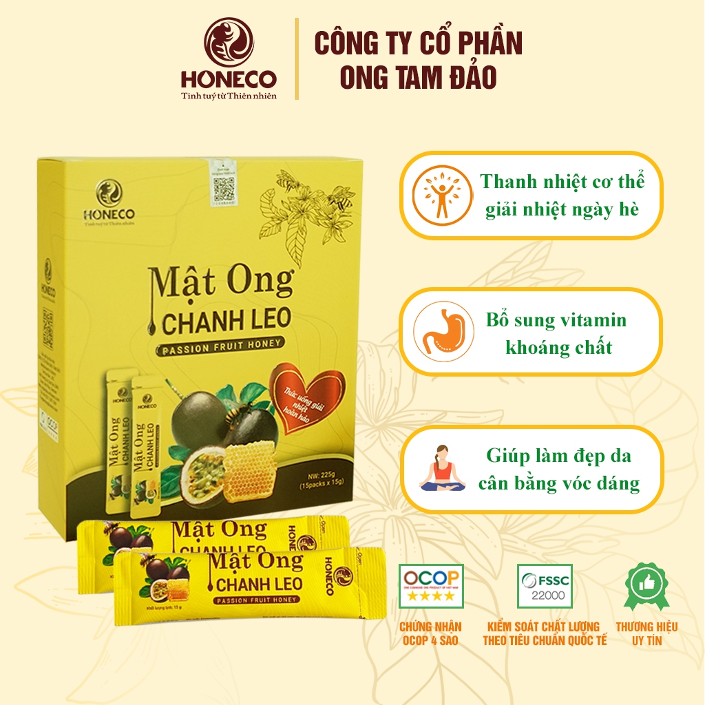 Mật ong Chanh Leo HONECO 15 gói x 15g - Giàu vitamin khoáng chất, Giúp thanh nhiệt detox cơ thể