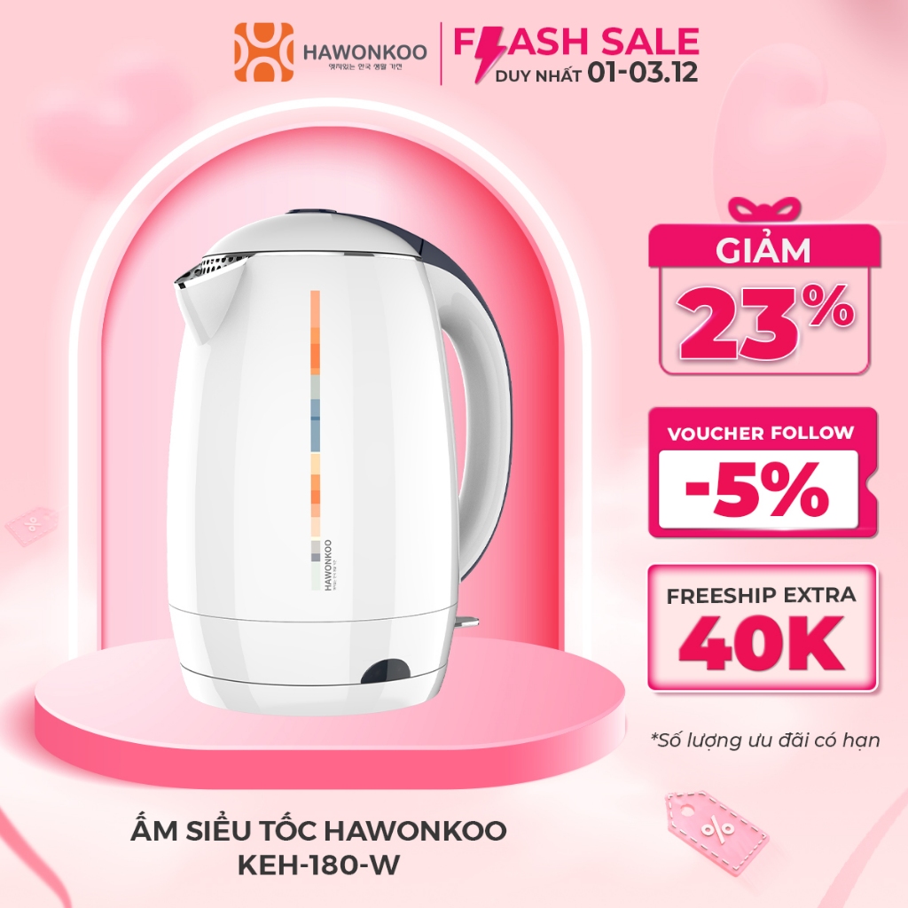 Ấm siêu tốc HAWONKOO KEH-180-W 1,8 Lít 1500W Trắng Hàng Chính Hãng Bảo Hành 12 Tháng - Thương Hiệu Hàn Quốc
