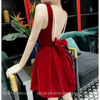 Đầm công chúa hở lưng đi tiệc chất nhung, đầm nữ hai dây cổ V hở lưng đính cườm cột nơ sexy quyến rũ