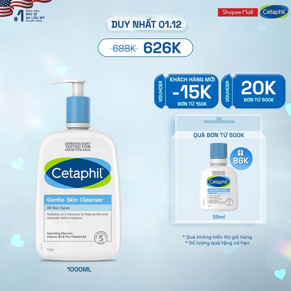 Sữa rửa mặt dịu lành cho da nhạy cảm CETAPHIL GENTLE SKIN CLEANSER 1000ML