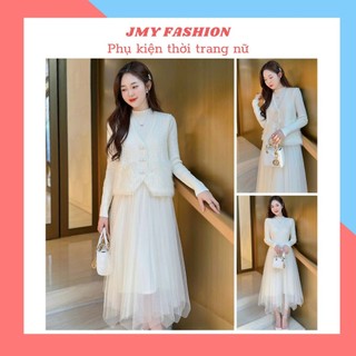 S391 Set áo gile len phối váy trắng kem xòe tiểu thư sang chảnh váy len freesize dáng dài thiết kế nữ tính