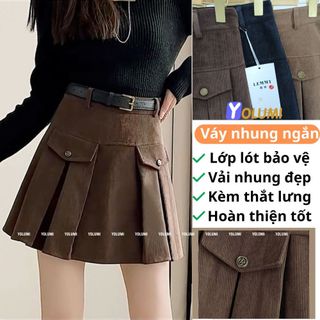 Chân váy nhung ngắn xếp ly to dáng chữ a vải nhung dày dặn cao cấp kèm dây lưng yolumi