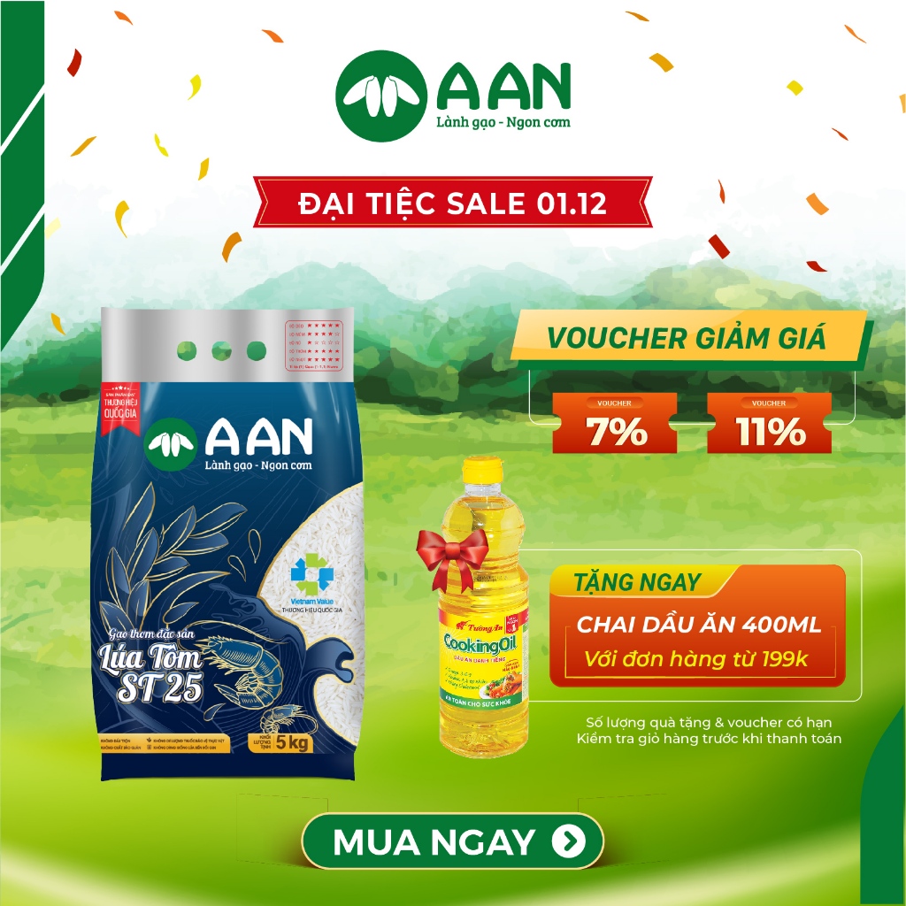 Gạo ST25 Lúa Tôm Túi 5kg - Chính hãng Gạo A An