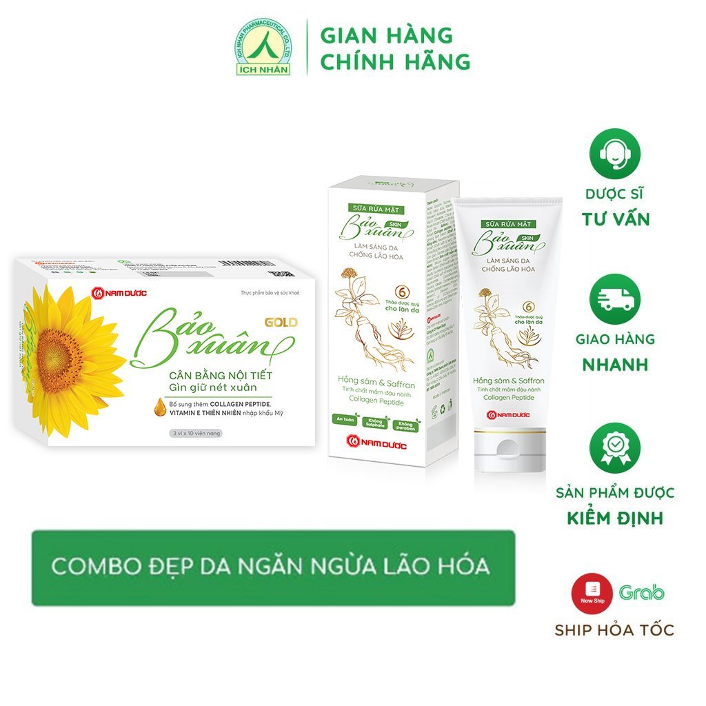 Combo Viên Uống Nội Tiết Tố Bảo Xuân Gold - Sữa Rửa Mặt Bảo Xuân Skin Hỗ Trợ Làm Đẹp Da, Ngăn Ngừa Lão Hóa