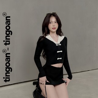 TINGOAN® - Áo len crop lửng cổ thủy thủ đính 3 nơ đen YUMI YUMI TOP/BL