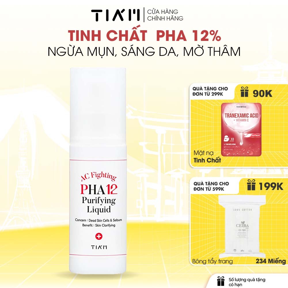 Tinh Chất Ngừa Mụn, Sáng Da, Mờ Thâm 12% PHA + 4,75% Tinh Dầu Tràm Trà Tia'm AC Fighting PHA 12 Purifying Liquid