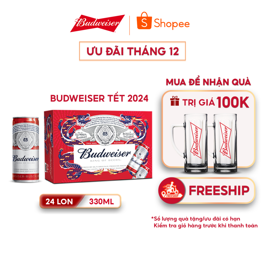 Thùng 24 Lon Bia Budweiser Sleek Can Chính Hãng  - Phiên Bản Tết 2024