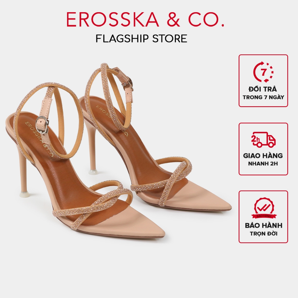 Erosska - Giày sandal cao gót mũi nhọn đính đá thời trang màu nâu - EN007