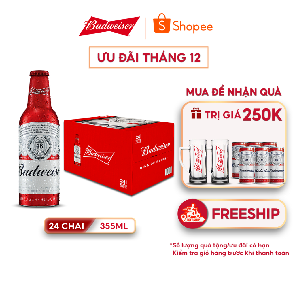 Thùng 24 Chai Aluminum Bia Budweiser Chính Hãng (355ml/ chai)