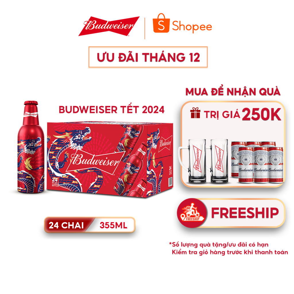 Thùng 24 Chai Aluminum Bia Budweiser Chính Hãng (355ml/ chai) - Phiên Bản Tết 2024