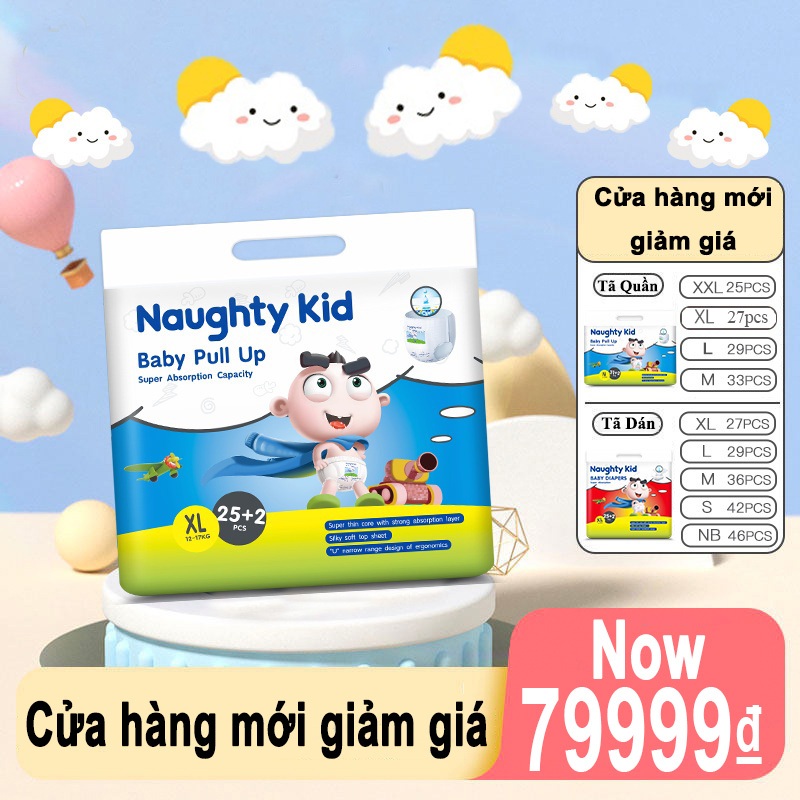 TÃ BỈM/QUẦN Naughty Kid bỉm em bé Công nghệ Nhật bản ôm sát thấm 1L hút thông thoáng NB/S/M/L/XL/XXL/XXXL