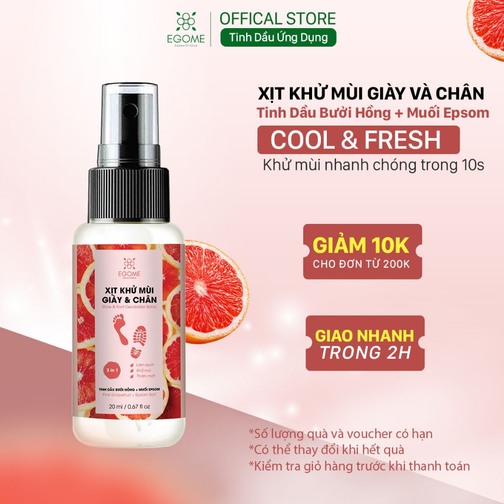 Xịt Khử Mùi Giày Và Chân Egome Tinh Dầu Bưởi Hồng làm sạch và thơm giày 20ml