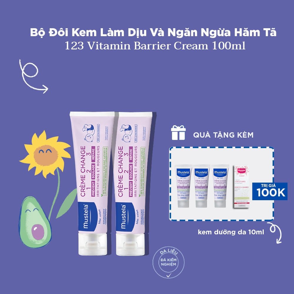 Bộ 2 kem Làm Dịu Và Ngăn Ngừa Hăm Tã Mustela 123 Vitamin Barrier Cream 100ml (tặng 4 kem dưỡng 10ml)