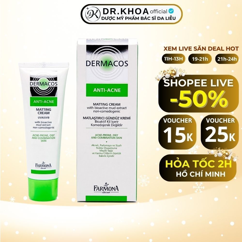 Kem Dưỡng Ẩm Dermacos Anti Acne Matting Cream 50ML Giảm Bóng Nhờn, Ngừa Mụn, Phù Hợp Da Dầu Mụn Nhạy Cảm