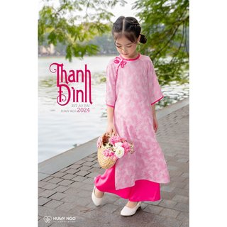 Áo dài bé gái humy ngo lụa gấm vân hoa kèm quần lụa ngọc trai cho bé 16 - 36kg