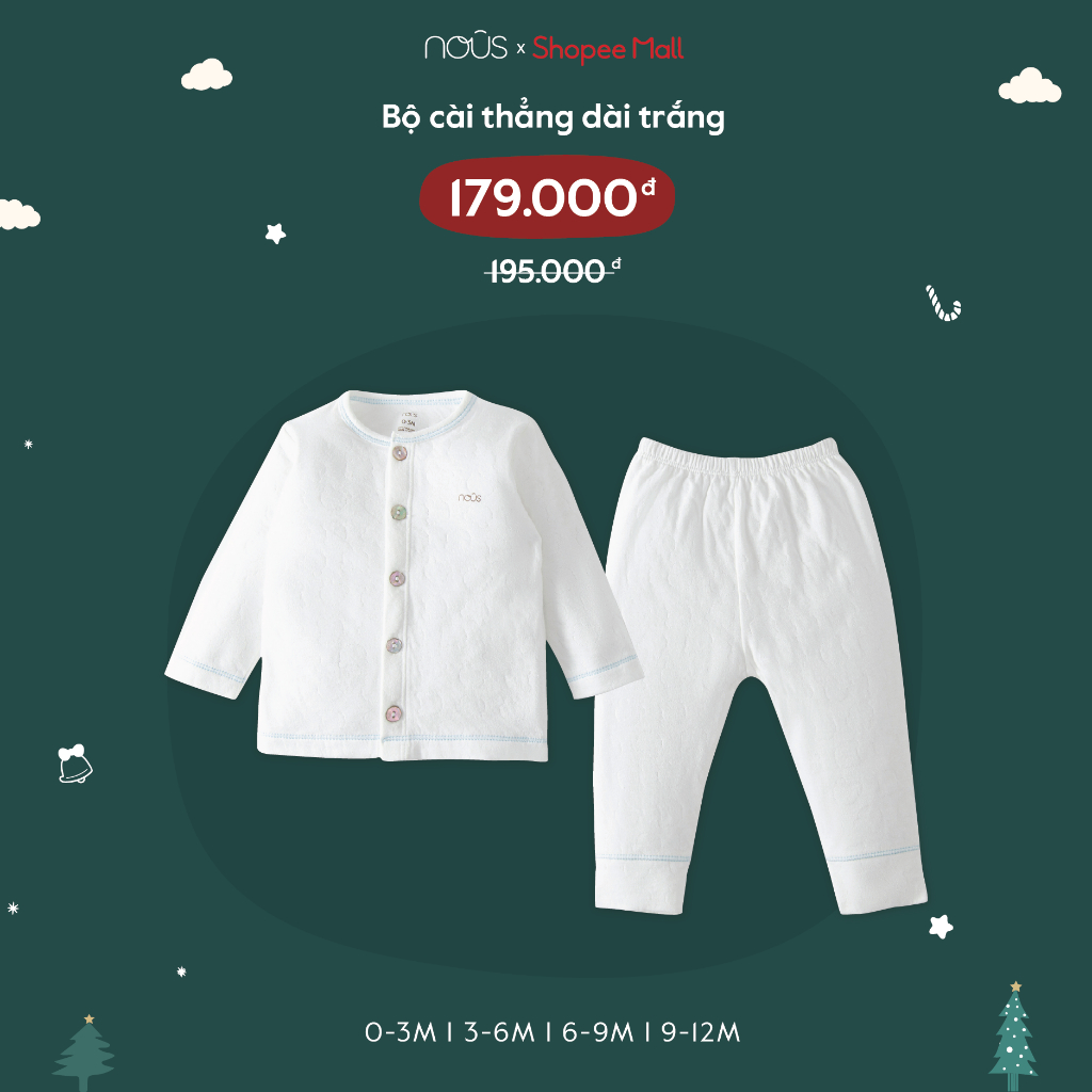 Bộ cài thẳng dài Nous chất liệu Nu Air, Petit thông thoáng, kháng khuẩn cho bé từ 0-3 tháng đến 9-12 tháng