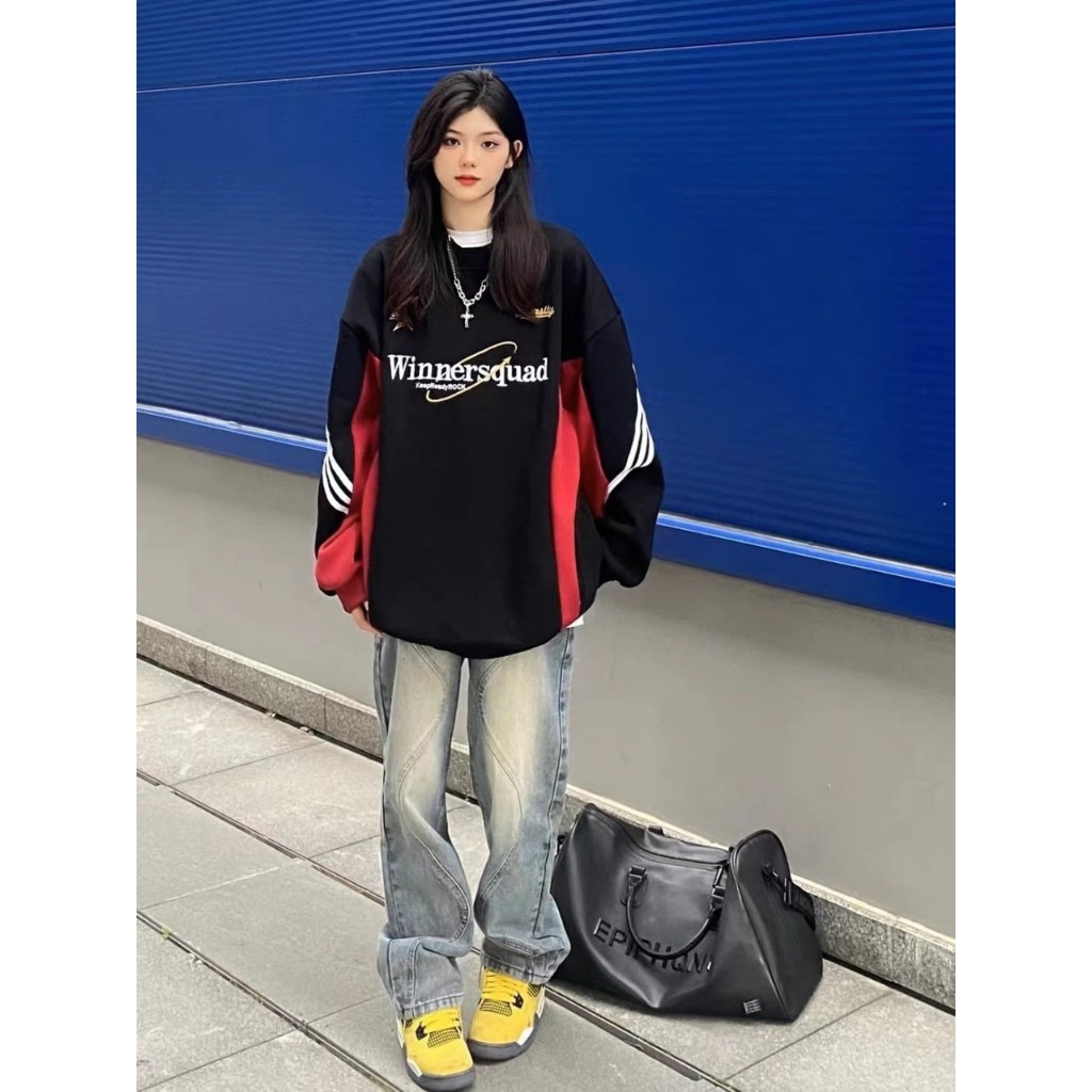Áo Nỉ Sweater Phối Winnersquad Tay Dài Dáng Rộng In Họa Tiết Màu Tương Phản Phong Cách Retro Hàn Quốc