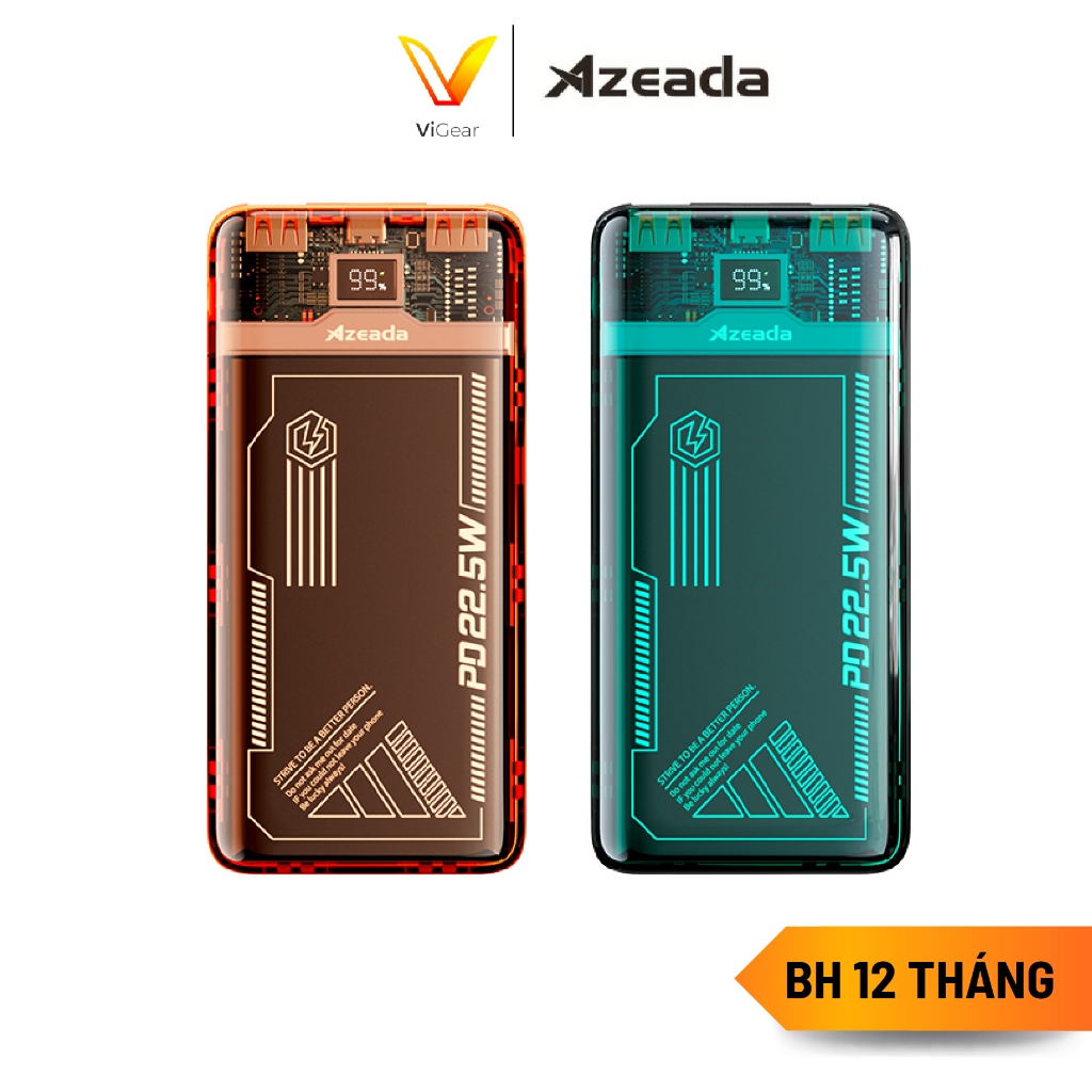 Pin dự phòng Azeada AZ-P17 10000mAh - Thiết kế trong suốt, có màn led hiển thị pin, hỗ trợ sạc nhanh 22.5w