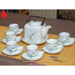 Bộ ấm chén Bộ bình men kem vẽ hoa mai xanh chuẩn Bát Tràng