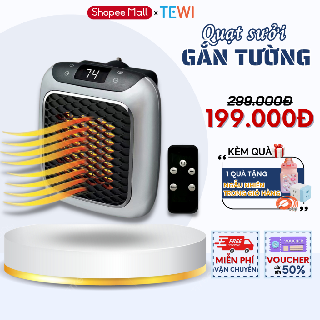 Máy Sưởi Mini Treo Tường TEWI Công Suất 800W về Kèm Remote Điều Khiển Từ Xa, Quạt Sưởi Mini ấm áp hơn người cũ bạn