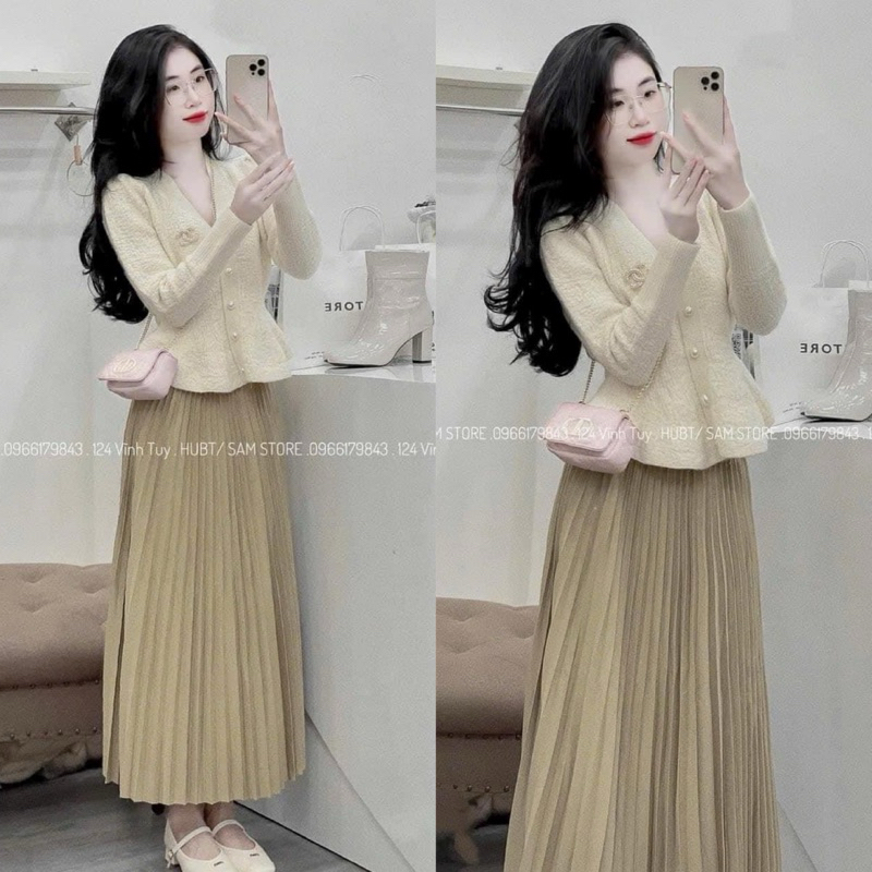 Áo Len Nhũ Đính Khuy Ngọc Dáng Pelum Cài Tag Ngực