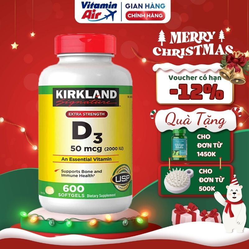 Vitamin D3 Kirkland Signature Vitamin D3 2000IU 600 viên tăng cường chức năng xương khớp, cơ bắp, phòng ngừa loãng xương