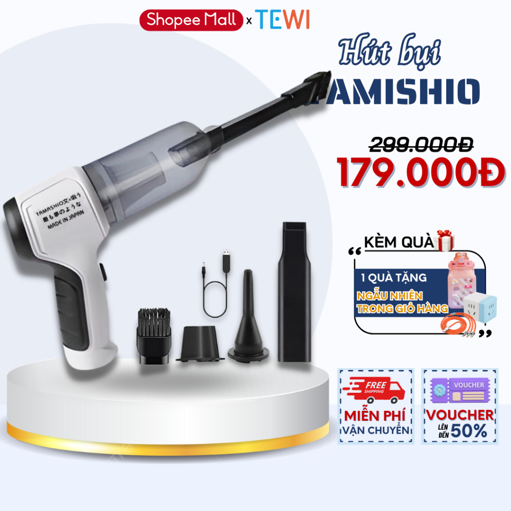 Máy Hút Bụi Cầm Tay Không Dây Nhật Bản TEWI TAMASHIO 6 Đầu Hút, Máy Hút Bụi Ô Tô, Giường Nệm, Lông Chó Mèo