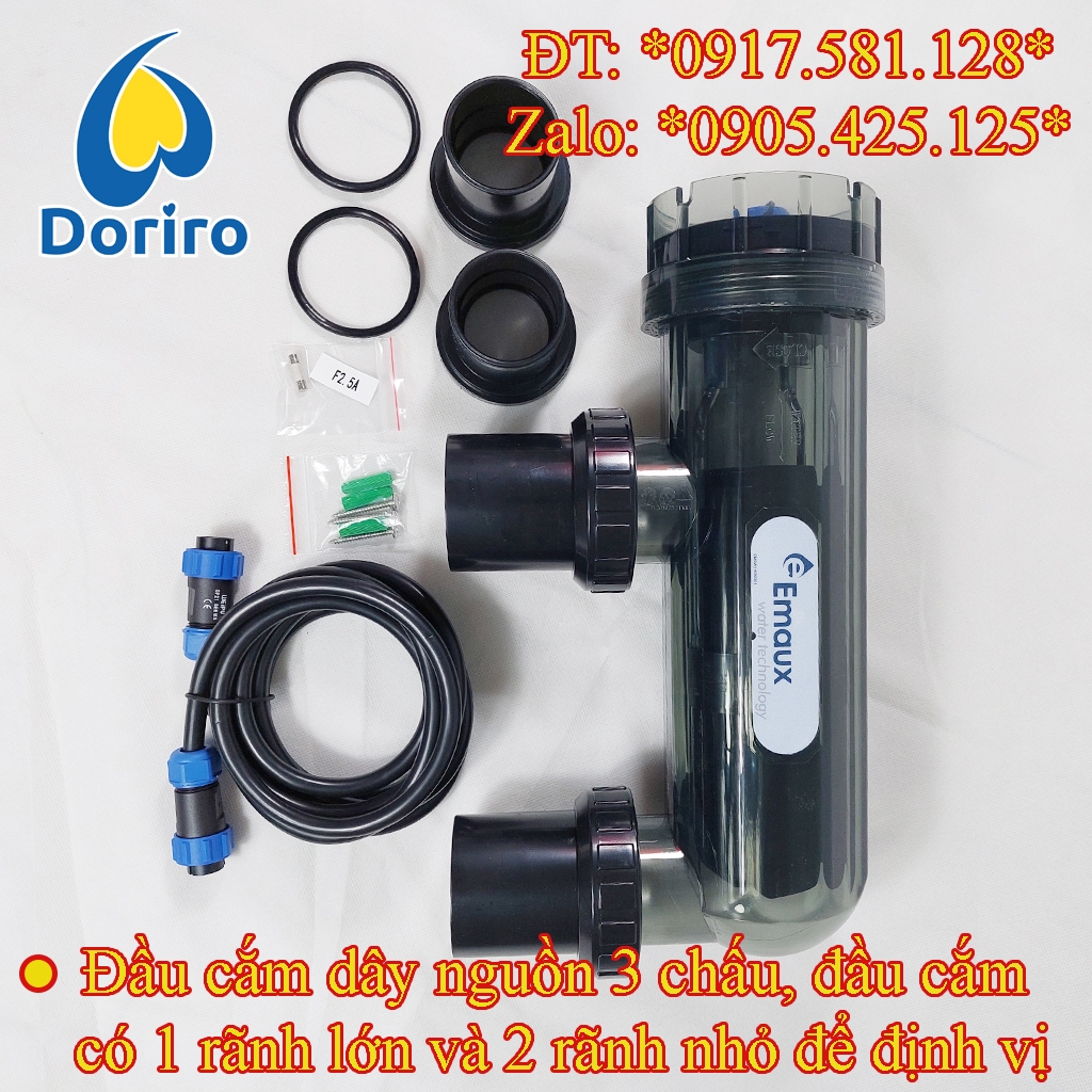 Máy điện phân muối hồ bơi; Điện cực bằng Titan; Mã hiệu SSC; Hiệu Emaux; Dùng cho thể tích hồ bơi 45m3, 70m3, 110m3
