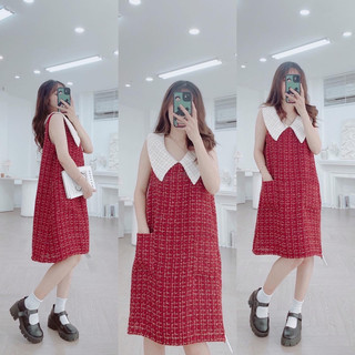 váy dạ tweet sát nách cổ phối