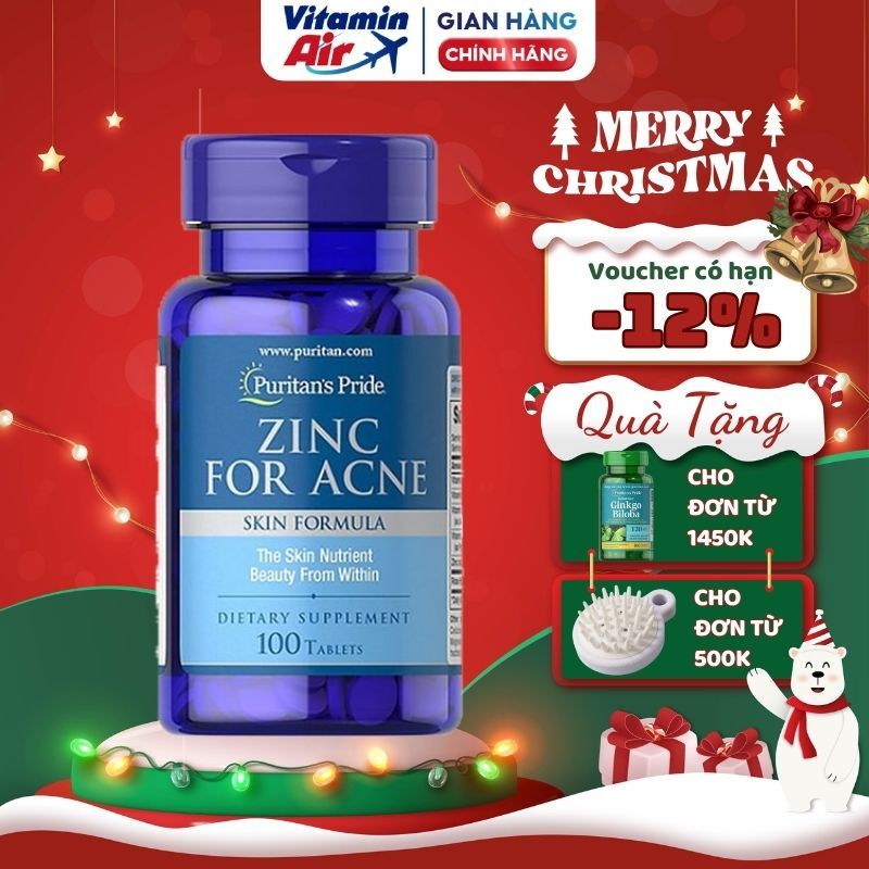 Viên uống bổ sung kẽm Zinc For Acne 100 viên Puritan's Pride giảm mụn nội tiết của Mỹ