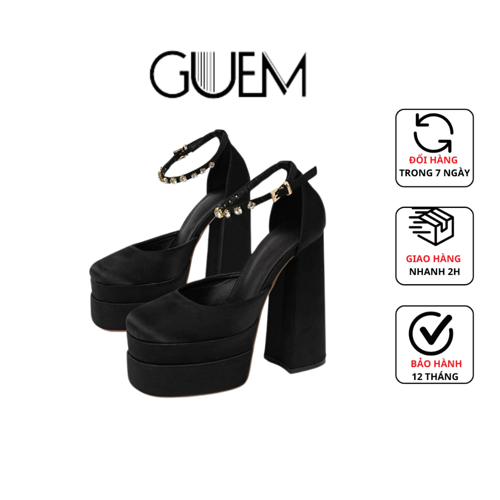 Giày Cao Gót Nữ 15cm Mũi Vuông Đế Trụ Quai Cài Đính Đá A07