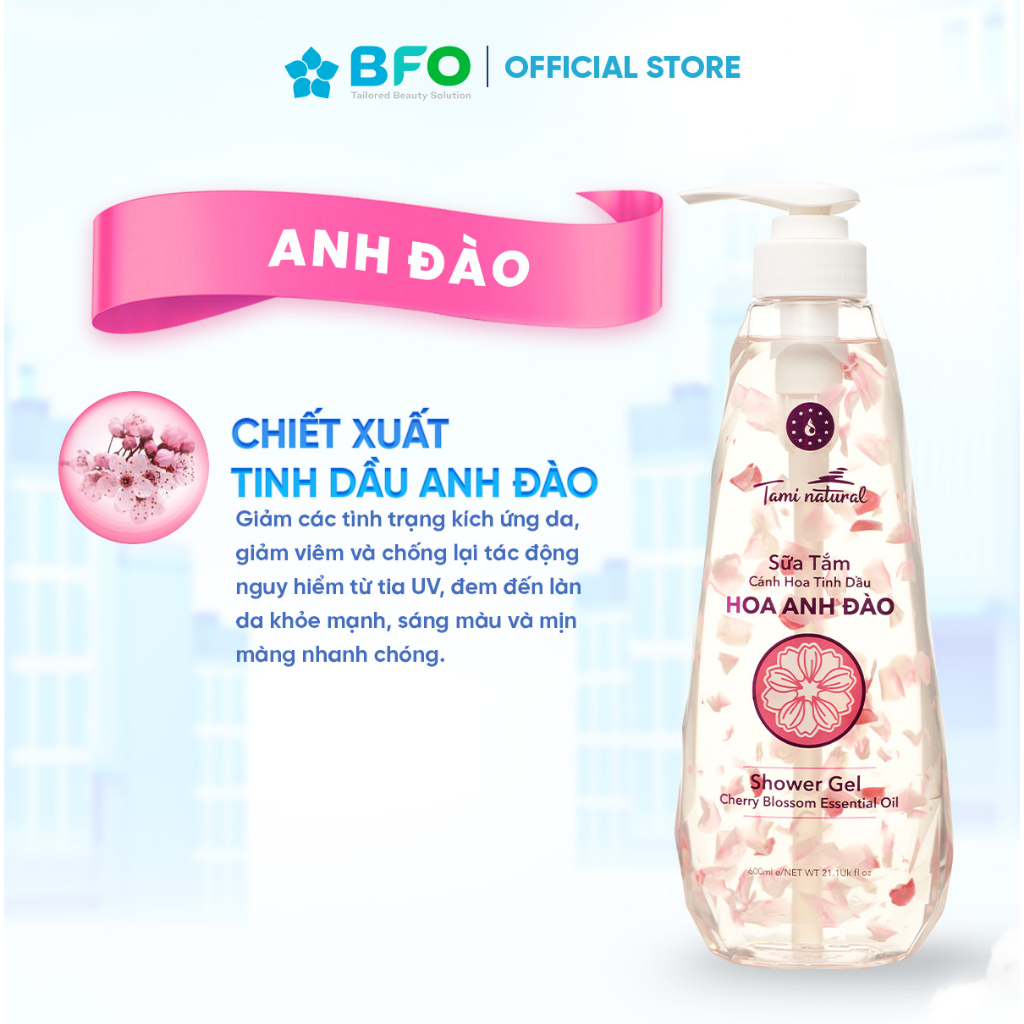 Sữa Tắm Trắng Da Cánh Hoa Tinh Dầu Hoa Anh Đào Tami Natural Giúp Dưỡng Ẩm Trắng Da Dung Tích 260ml/600ml