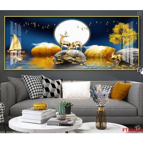 Tranh hươu khổ ngang, tranh tráng gương 5D, siêu bóng đẹp