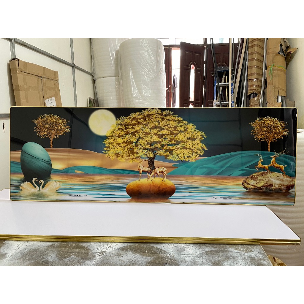 Tranh hươu khổ ngang, tranh tráng gương 5D, siêu bóng đẹp